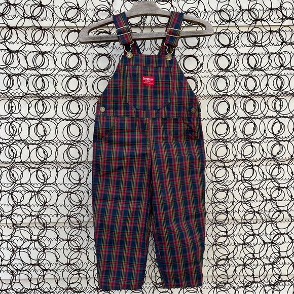 Vintage 80s OshKosh B’Gosh Red Blue Christmas Holiday Plaid Vestbak Overalls 4T